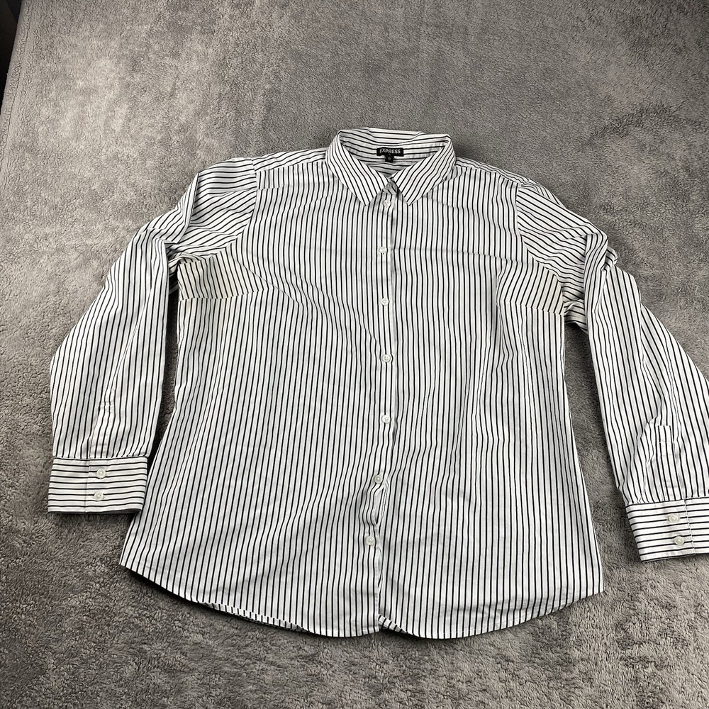 Express Button‎ Up Shirt Womens XL Black White Strips Long Sleeve